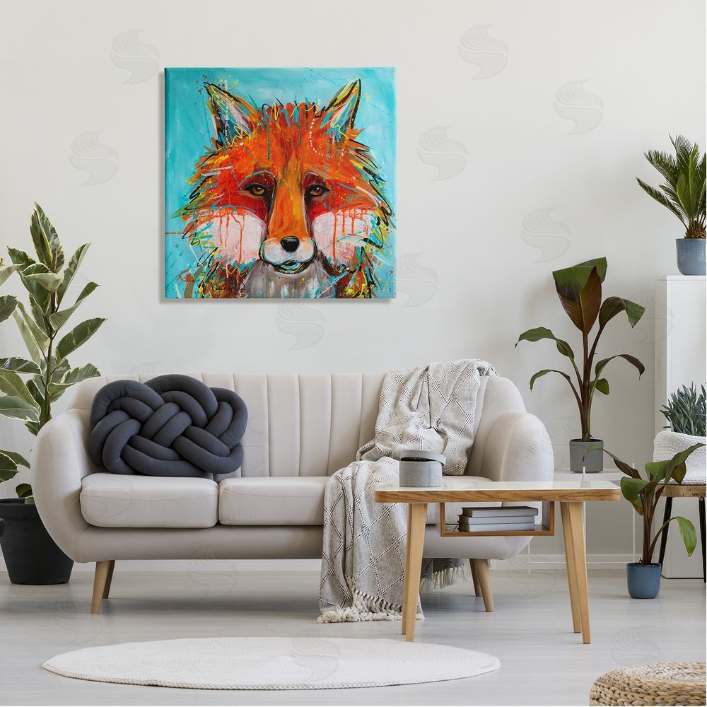 Karrie Evenson Vivid Red Fox Street Style Paint Speckle  Canvas Wall Art in Room