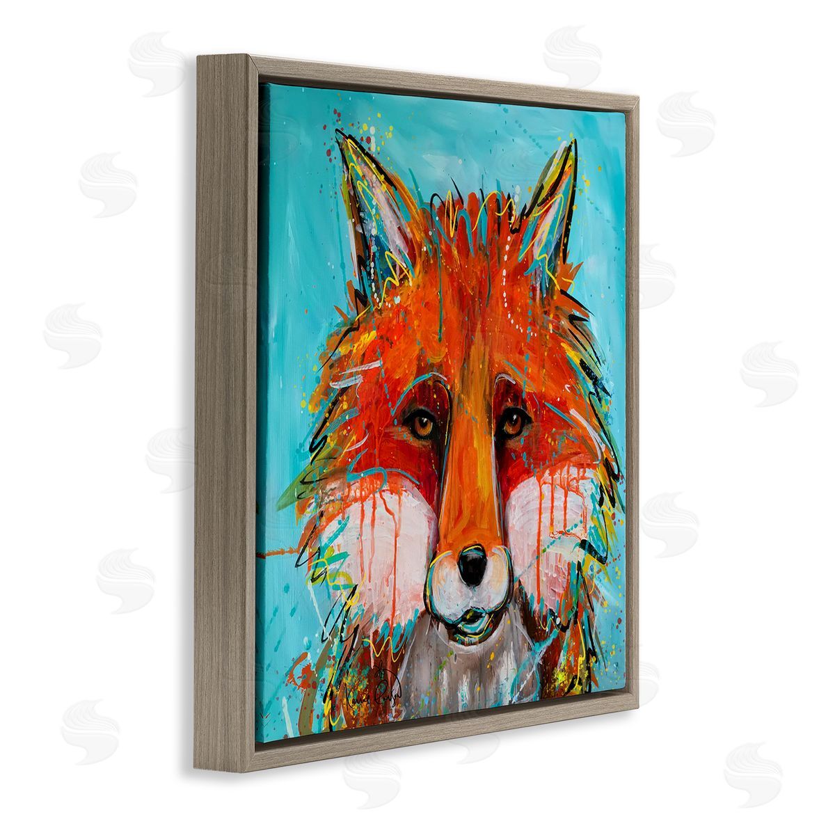 Karrie Evenson Vivid Red Fox Street Style Paint Speckle  Brown Floating Frame Canvas Wall Art Print
