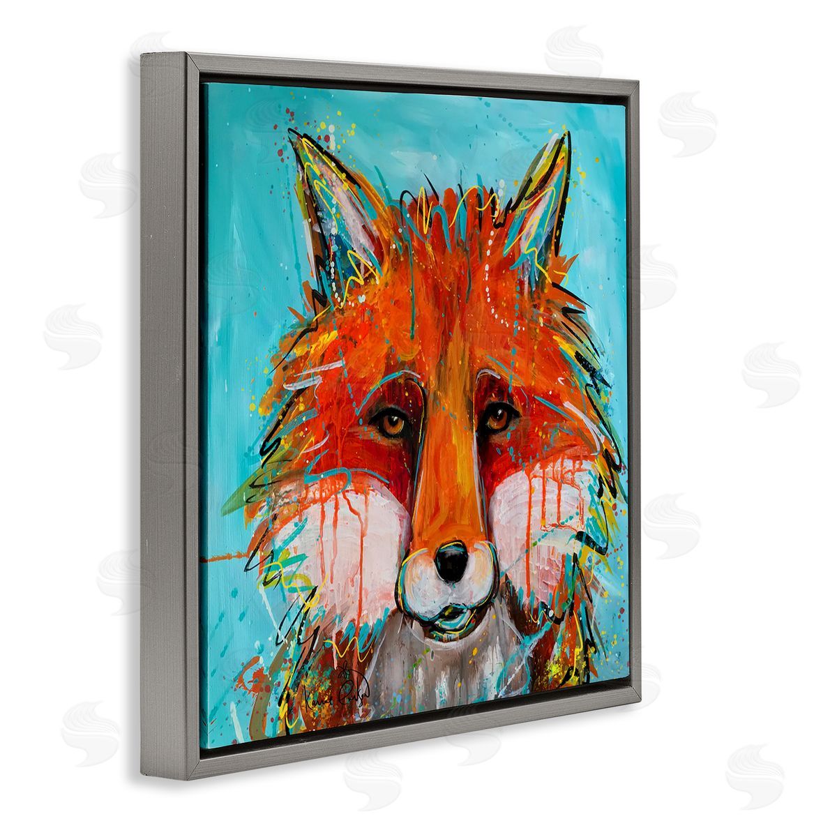 Karrie Evenson Vivid Red Fox Street Style Paint Speckle  Gray Floating Frame Canvas Wall Art Print