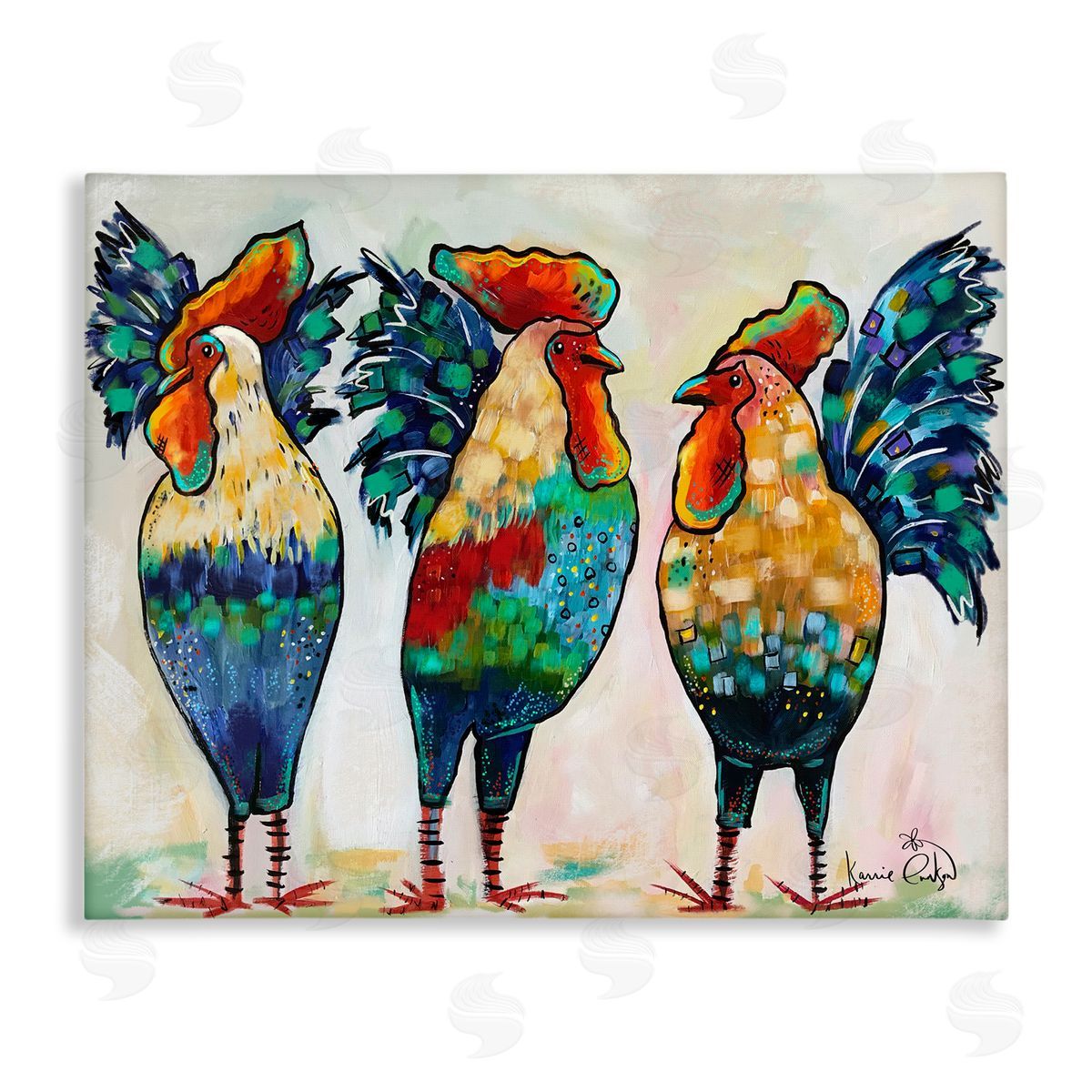Karrie Evenson Bold Patterned Chickens Hens Vivid Feathers Standing Stretched Canvas Wall Art Print
