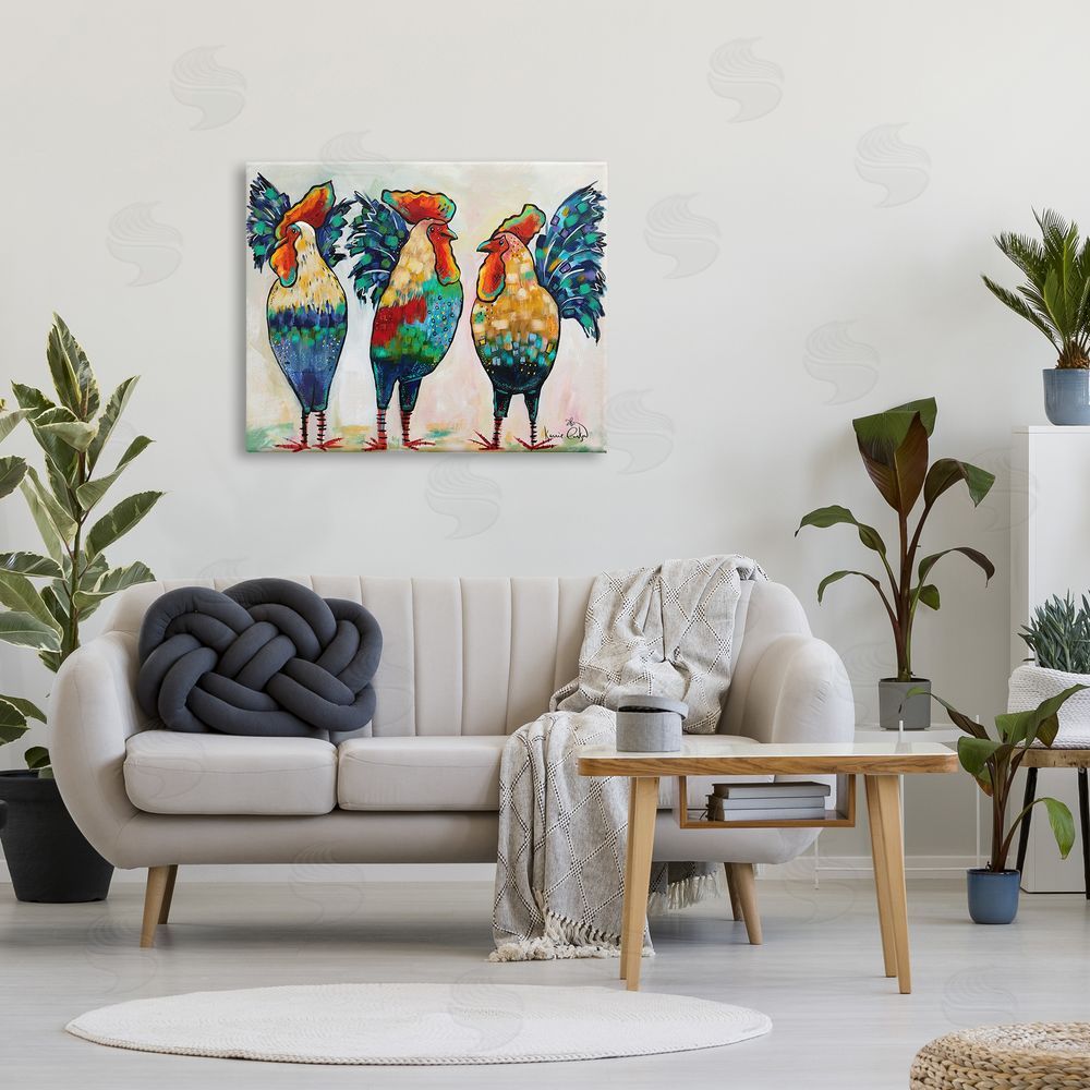 Karrie Evenson Bold Patterned Chickens Hens Vivid Feathers Standing Canvas Wall Art Print in Room