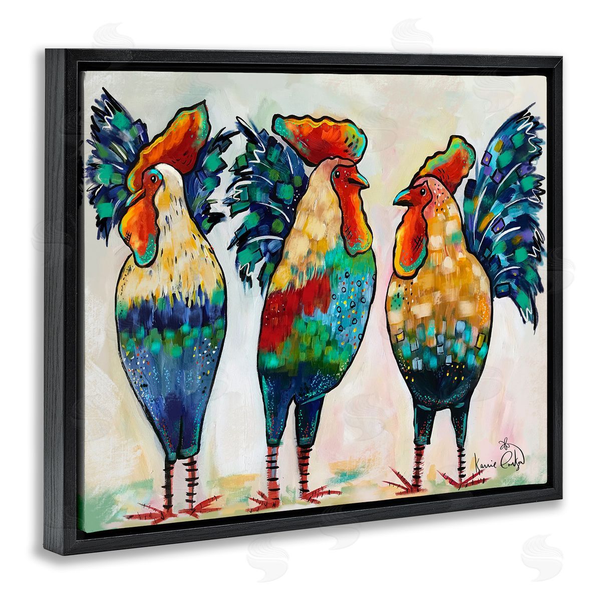 Karrie Evenson Bold Patterned Chickens Hens Vivid Feathers Standing Black Floating Frame Canvas Wall Art Print
