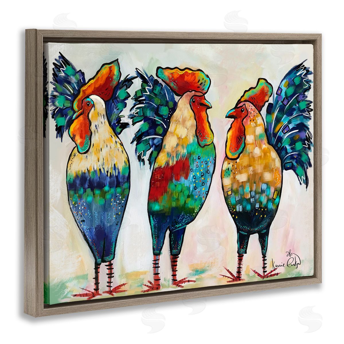 Karrie Evenson Bold Patterned Chickens Hens Vivid Feathers Standing Brown Floating Frame Canvas Wall Art Print