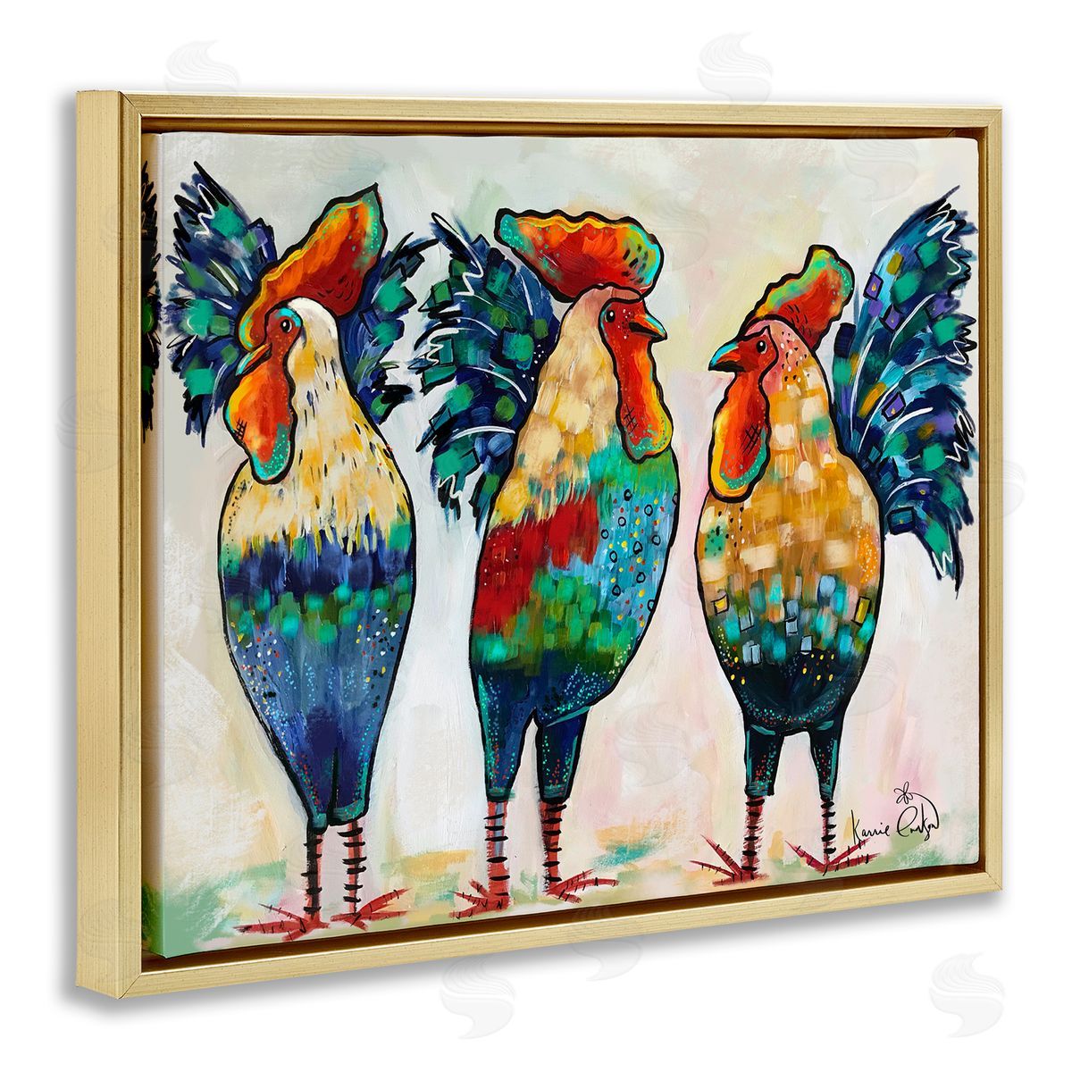 Karrie Evenson Bold Patterned Chickens Hens Vivid Feathers Standing Gold Floating Frame Canvas Wall Art Print