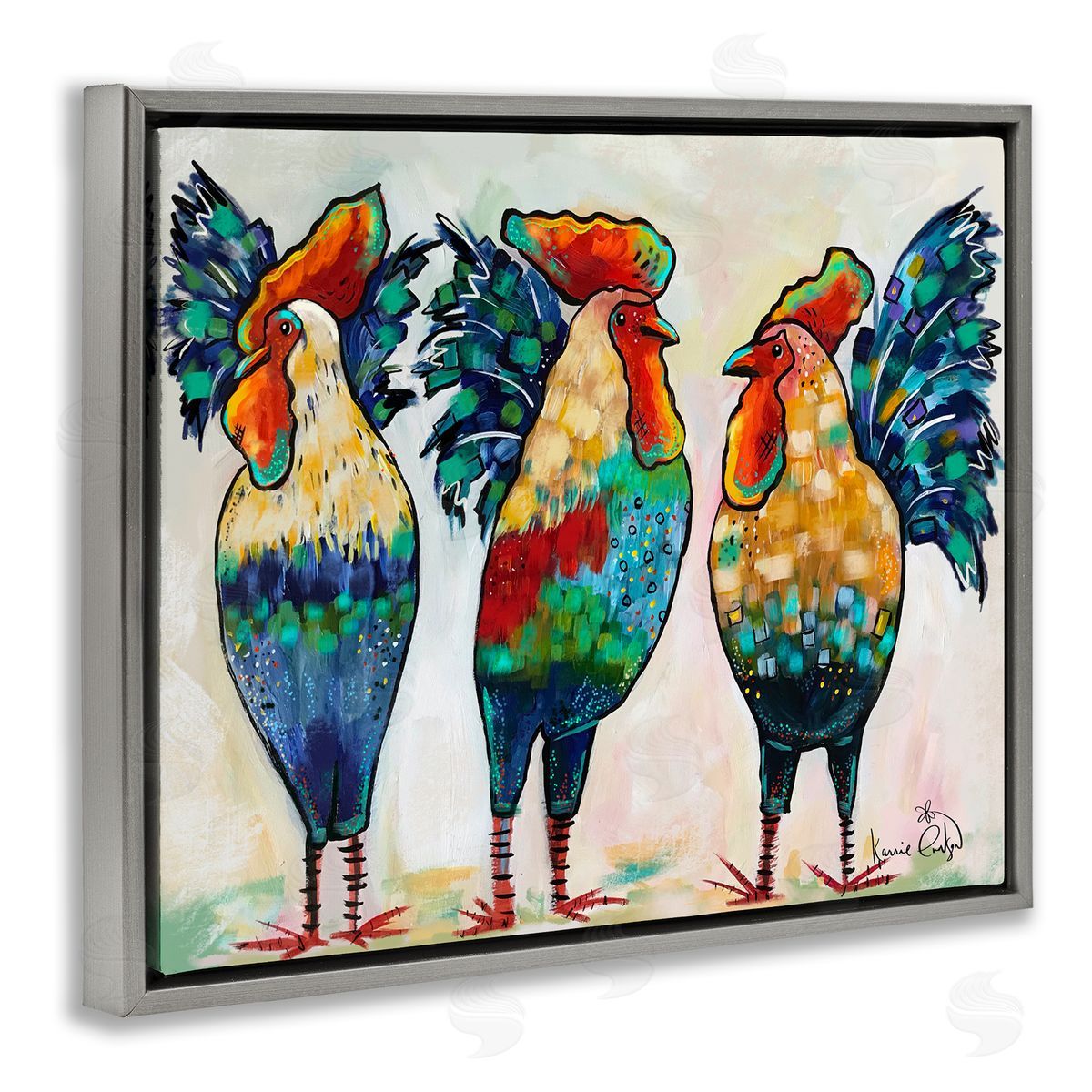 Karrie Evenson Bold Patterned Chickens Hens Vivid Feathers Standing Gray Floating Frame Canvas Wall Art Print