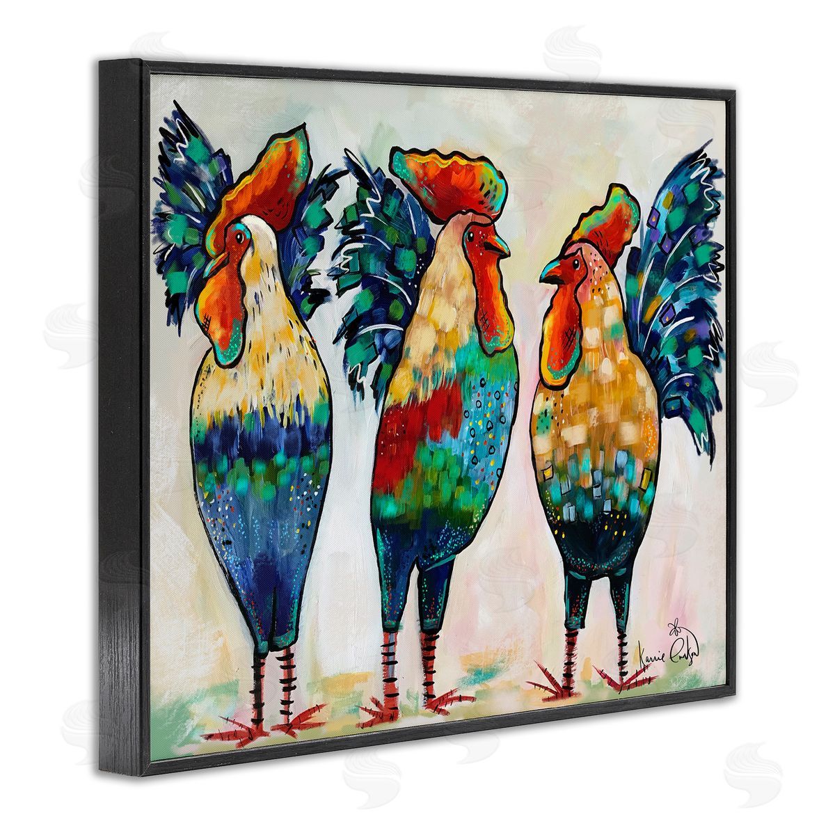Karrie Evenson Bold Patterned Chickens Hens Vivid Feathers Standing Black Framed Giclee Wall Art Print