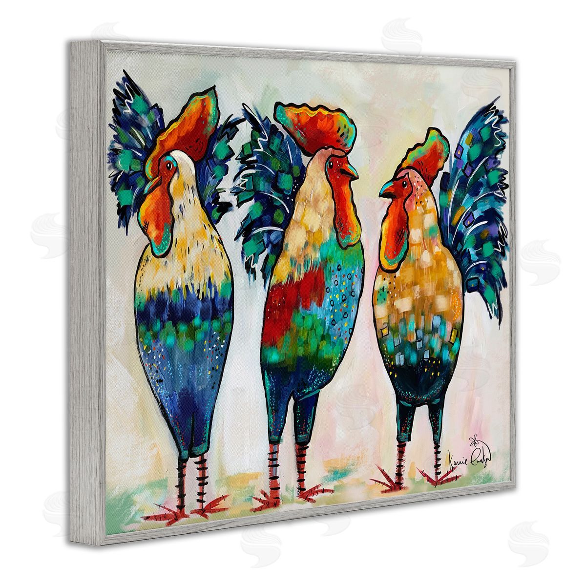 Karrie Evenson Bold Patterned Chickens Hens Vivid Feathers Standing Gray Framed Giclee Wall Art Print