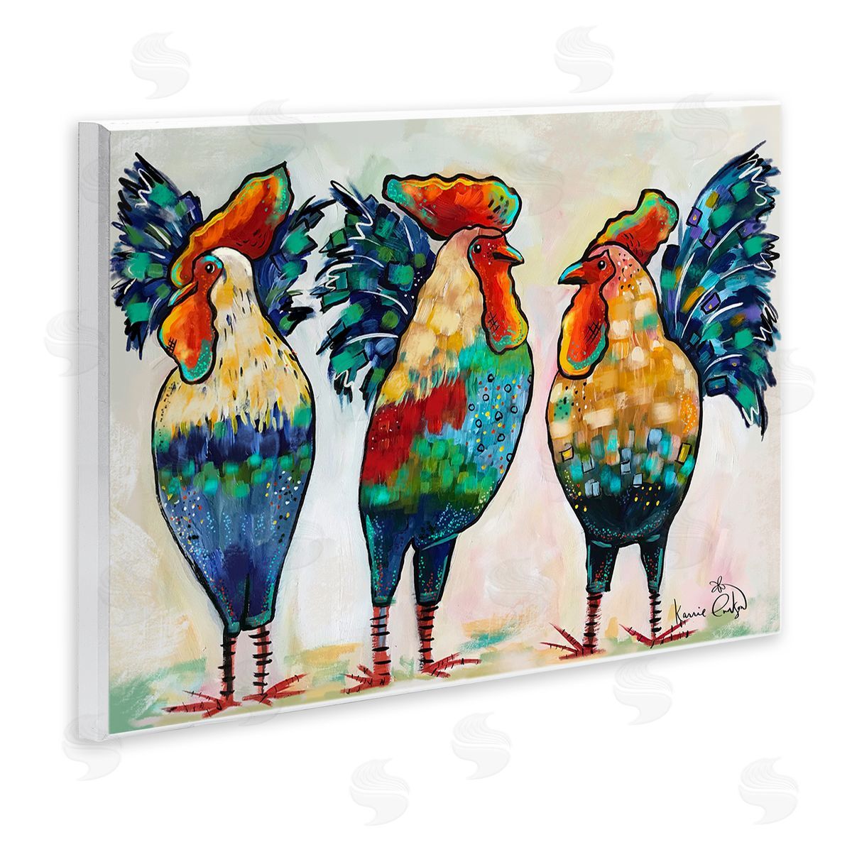 Karrie Evenson Bold Patterned Chickens Hens Vivid Feathers Standing Wall Plaque Art Print