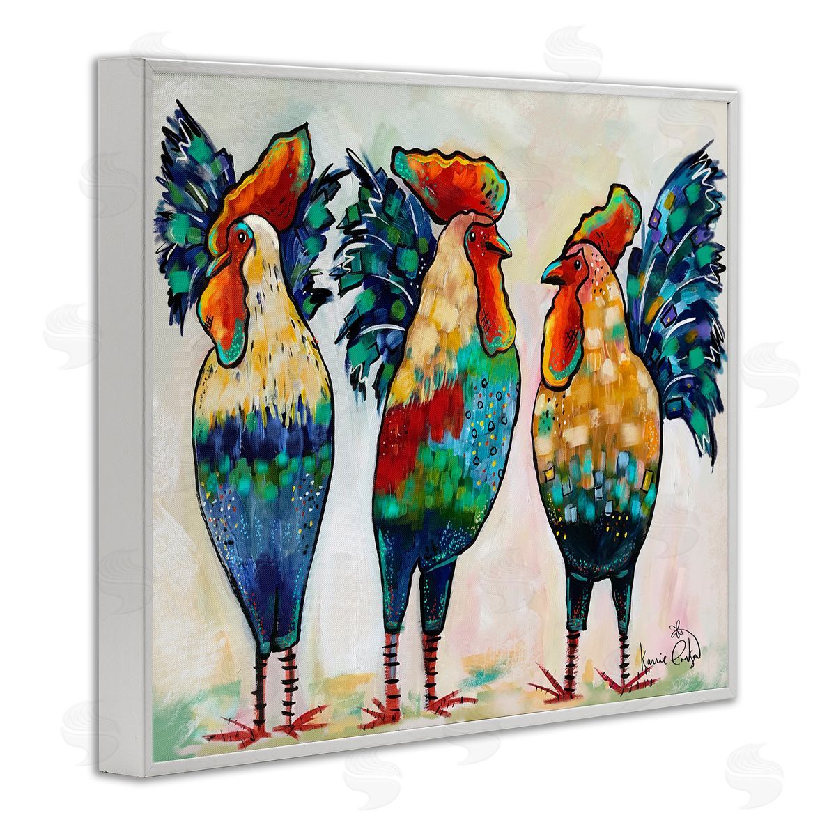 Karrie Evenson Bold Patterned Chickens Hens Vivid Feathers Standing White Framed Giclee Wall Art Print