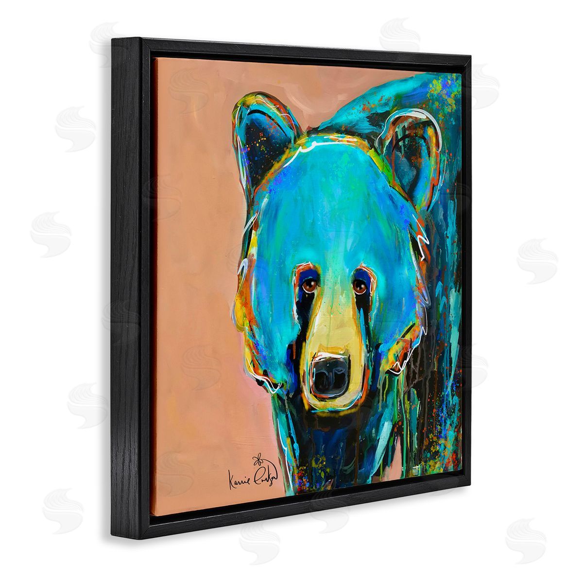 Karrie Evenson Brilliant Blue Bear Gazing Street Style Graffiti Splatter  Black Floating Frame Canvas Wall Art Print