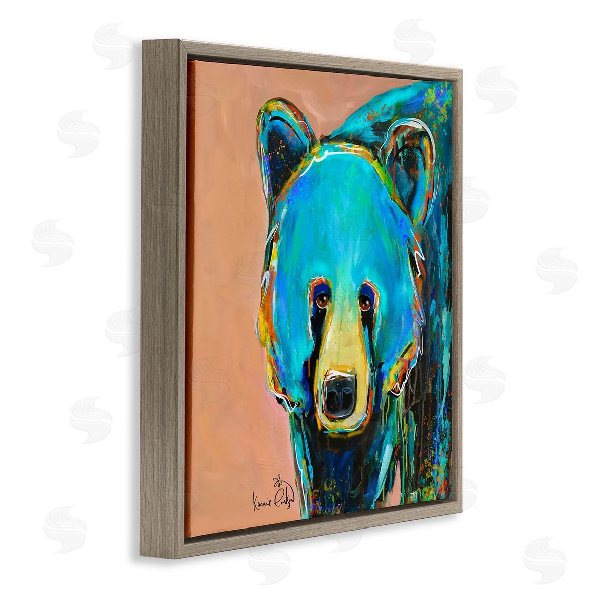 Karrie Evenson Brilliant Blue Bear Gazing Street Style Graffiti Splatter  Brown Floating Frame Canvas Wall Art Print