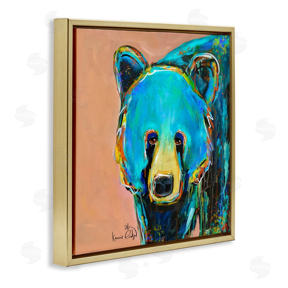 Karrie Evenson Brilliant Blue Bear Gazing Street Style Graffiti Splatter  Gold Floating Frame Canvas Wall Art Print