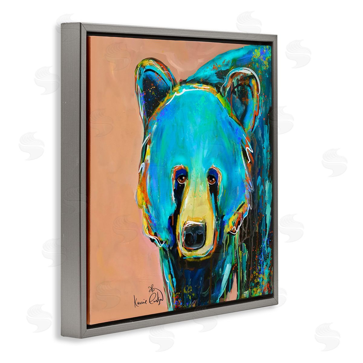 Karrie Evenson Brilliant Blue Bear Gazing Street Style Graffiti Splatter  Gray Floating Frame Canvas Wall Art Print