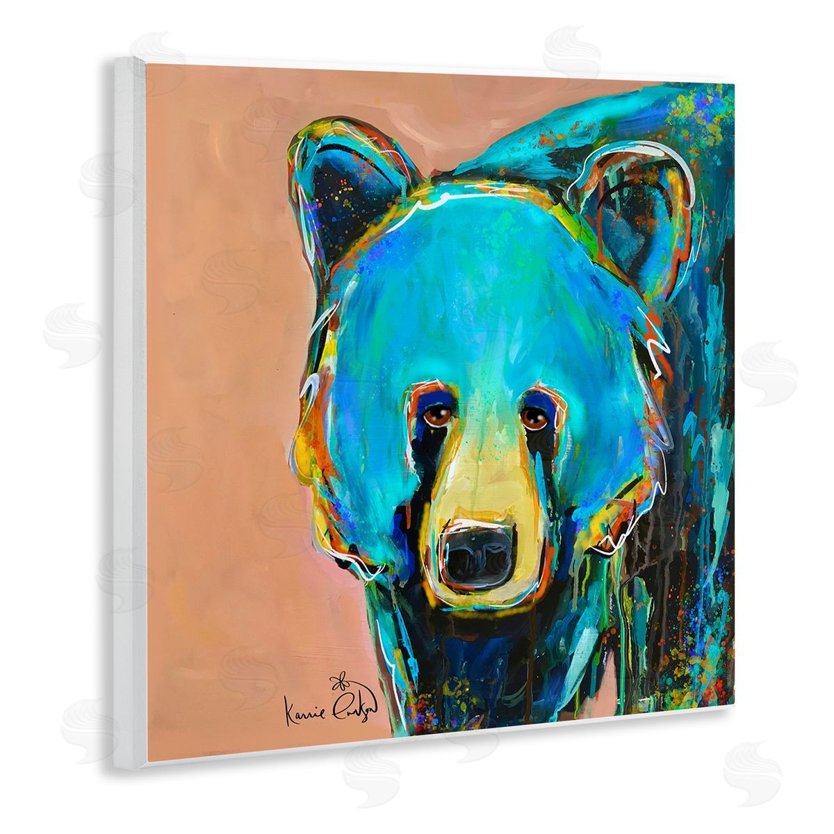 Karrie Evenson Brilliant Blue Bear Gazing Street Style Graffiti Splatter  Wooden Wall Plaque Art Print