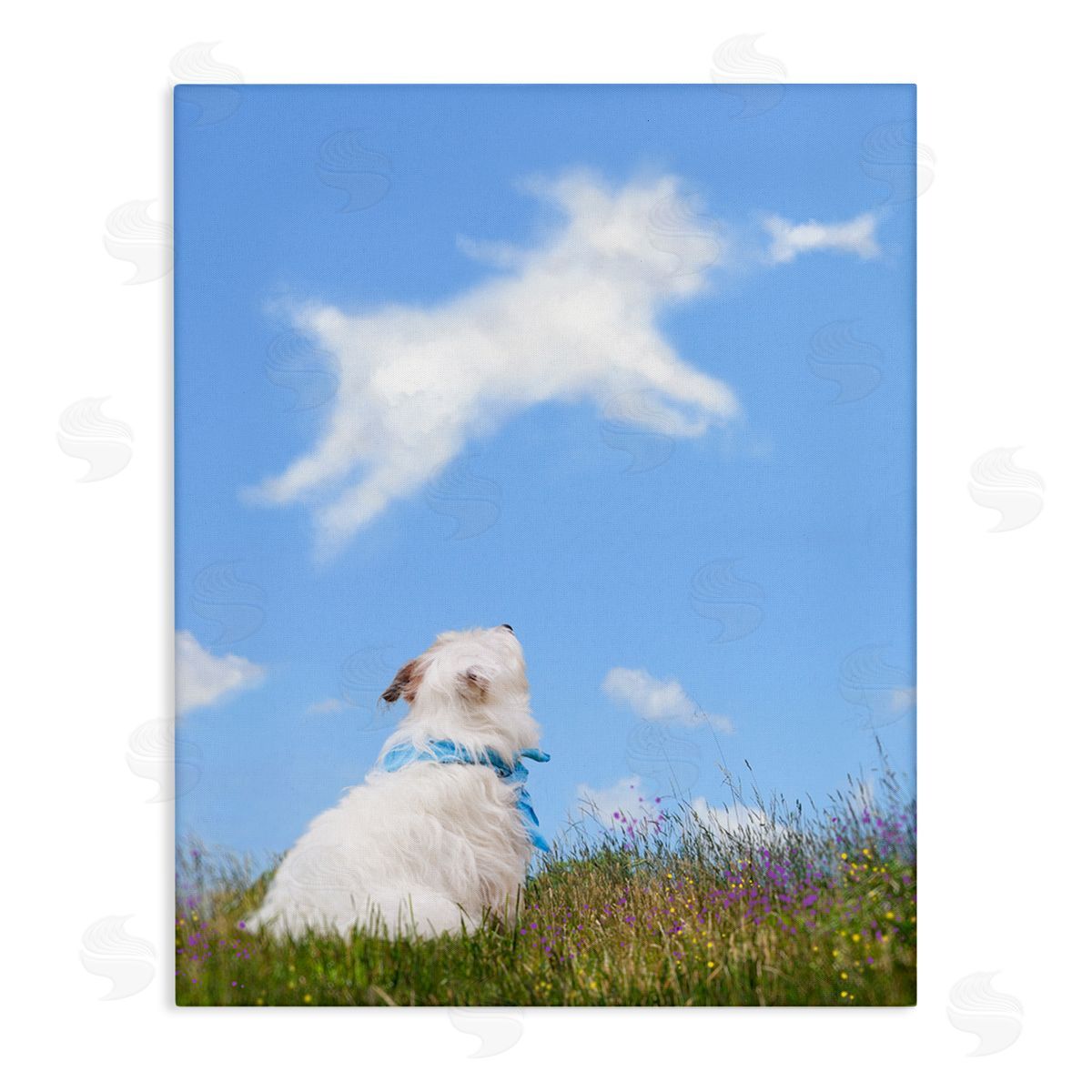Michael Quackenbush White Dog Watching Shaped Clouds Chasing Bone  Stretched Canvas Wall Art Print
