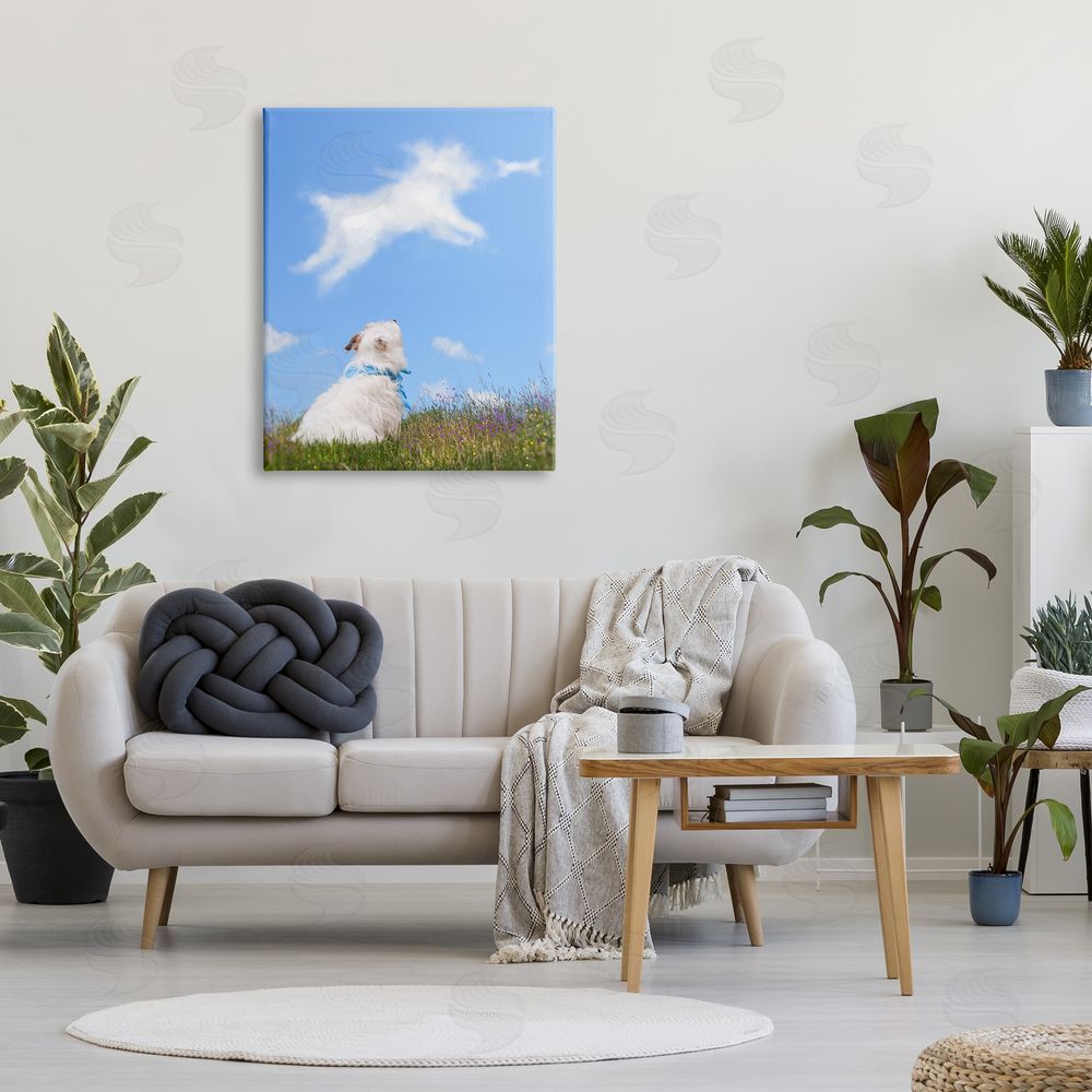Michael Quackenbush White Dog Watching Shaped Clouds Chasing Bone  Canvas Wall Art Print in Room