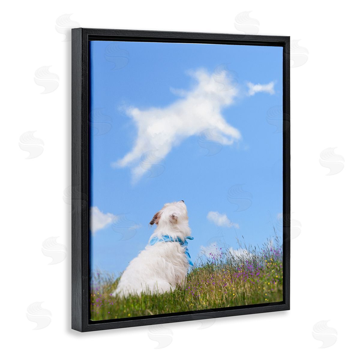 Michael Quackenbush White Dog Watching Shaped Clouds Chasing Bone  Black Floating Frame Canvas Wall Art Print