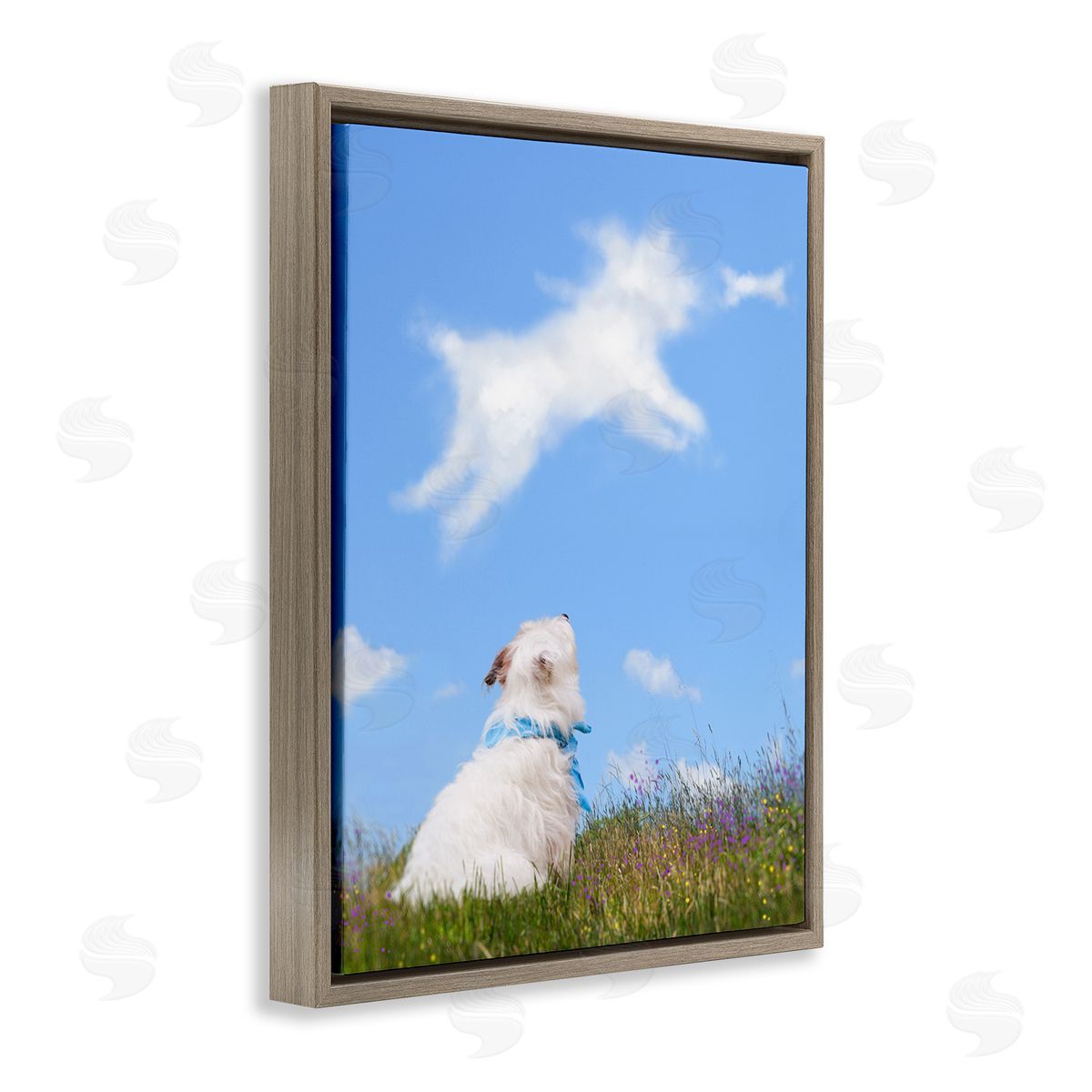 Michael Quackenbush White Dog Watching Shaped Clouds Chasing Bone  Brown Floating Frame Canvas Wall Art Print