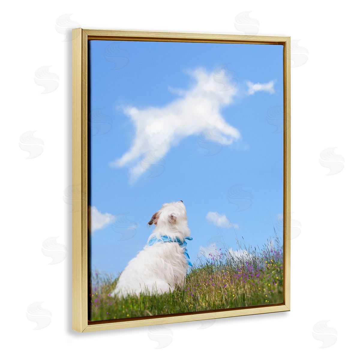 Michael Quackenbush White Dog Watching Shaped Clouds Chasing Bone  Gold Floating Frame Canvas Wall Art Print