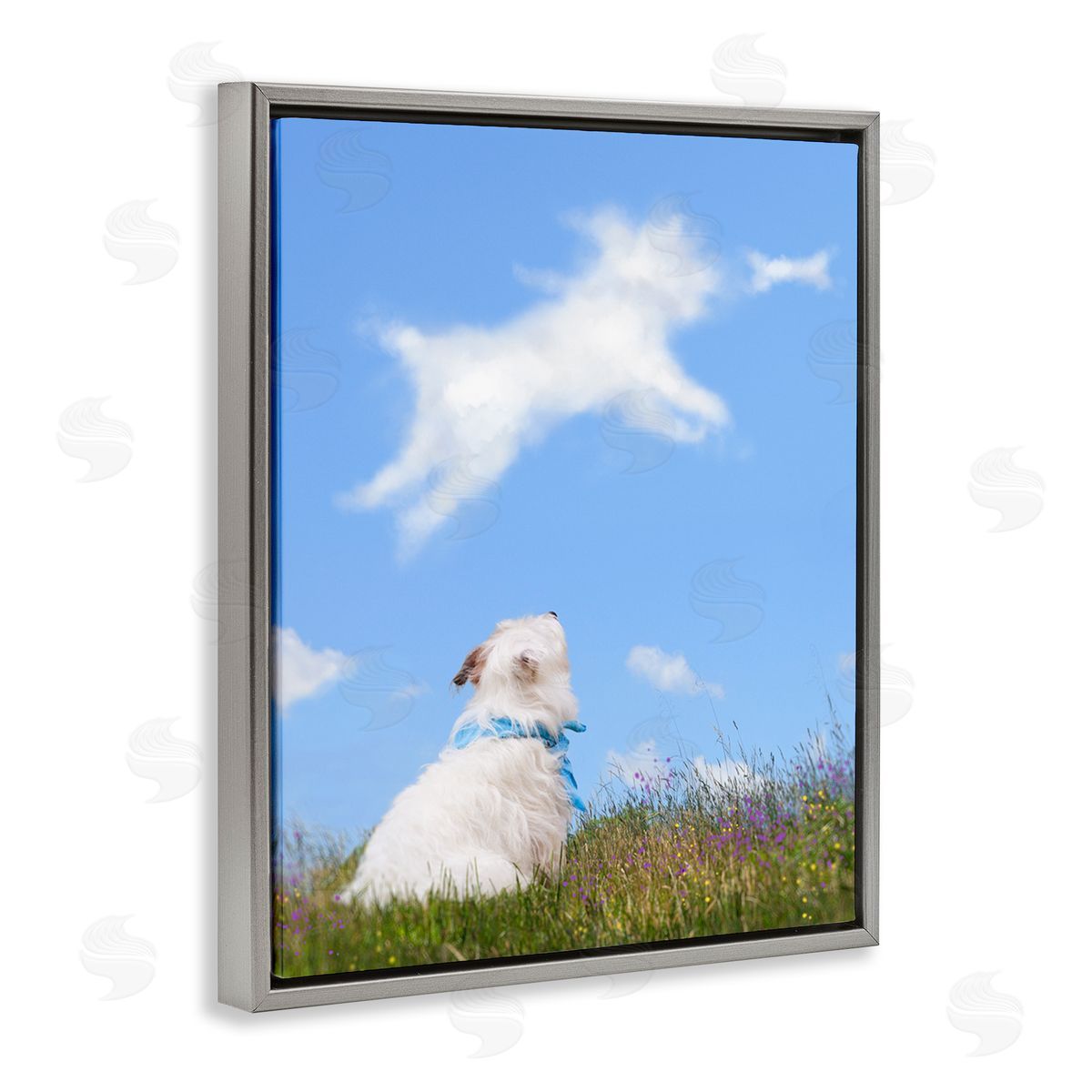 Michael Quackenbush White Dog Watching Shaped Clouds Chasing Bone  Gray Floating Frame Canvas Wall Art Print
