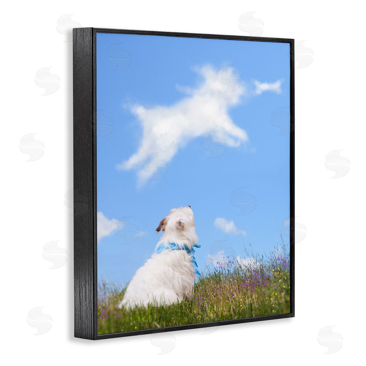 Michael Quackenbush White Dog Watching Shaped Clouds Chasing Bone  Black Framed Giclee Wall Art Print