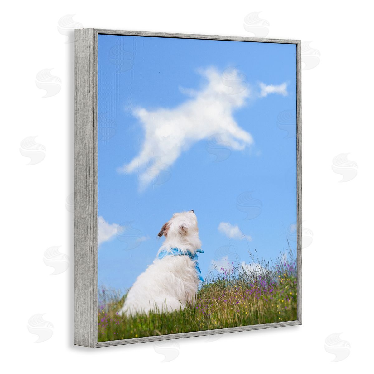 Michael Quackenbush White Dog Watching Shaped Clouds Chasing Bone  Gray Framed Giclee Wall Art Print