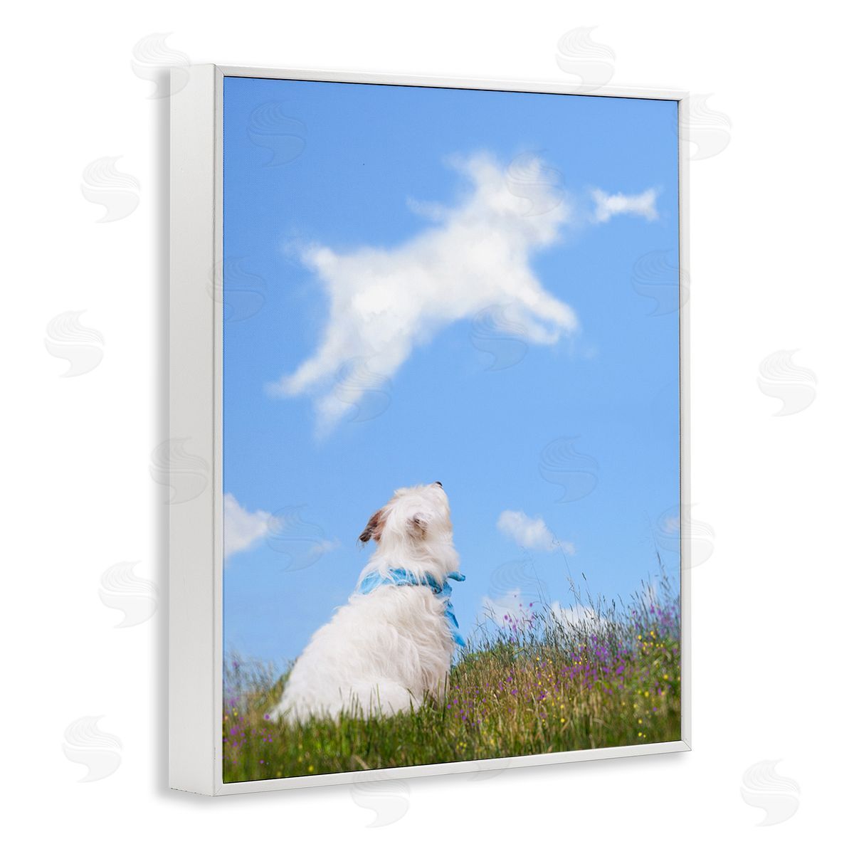 Michael Quackenbush White Dog Watching Shaped Clouds Chasing Bone  White Framed Giclee Wall Art Print