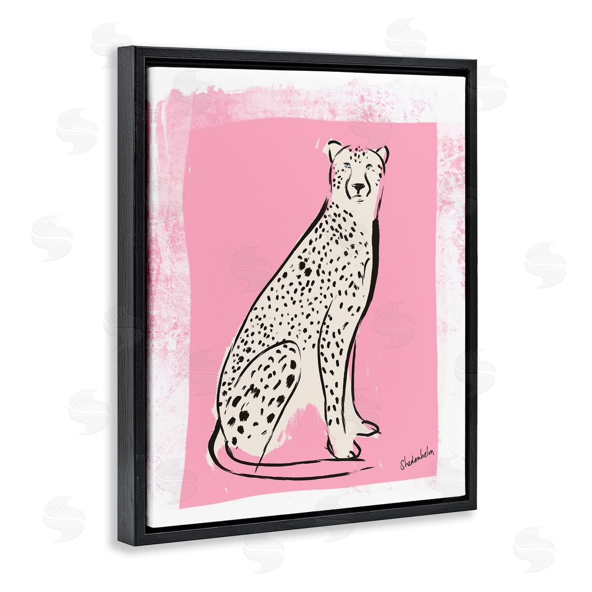 Kendra Shedenhelm Modern Cheetah Ink Lines Blocked Pink   Black Floating Frame Canvas Wall Art Print
