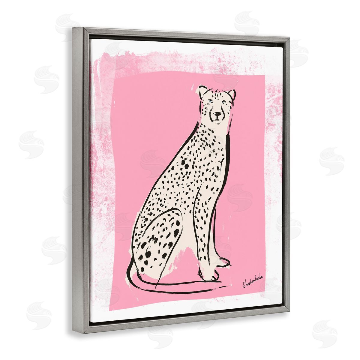 Kendra Shedenhelm Modern Cheetah Ink Lines Blocked Pink   Gray Floating Frame Canvas Wall Art Print