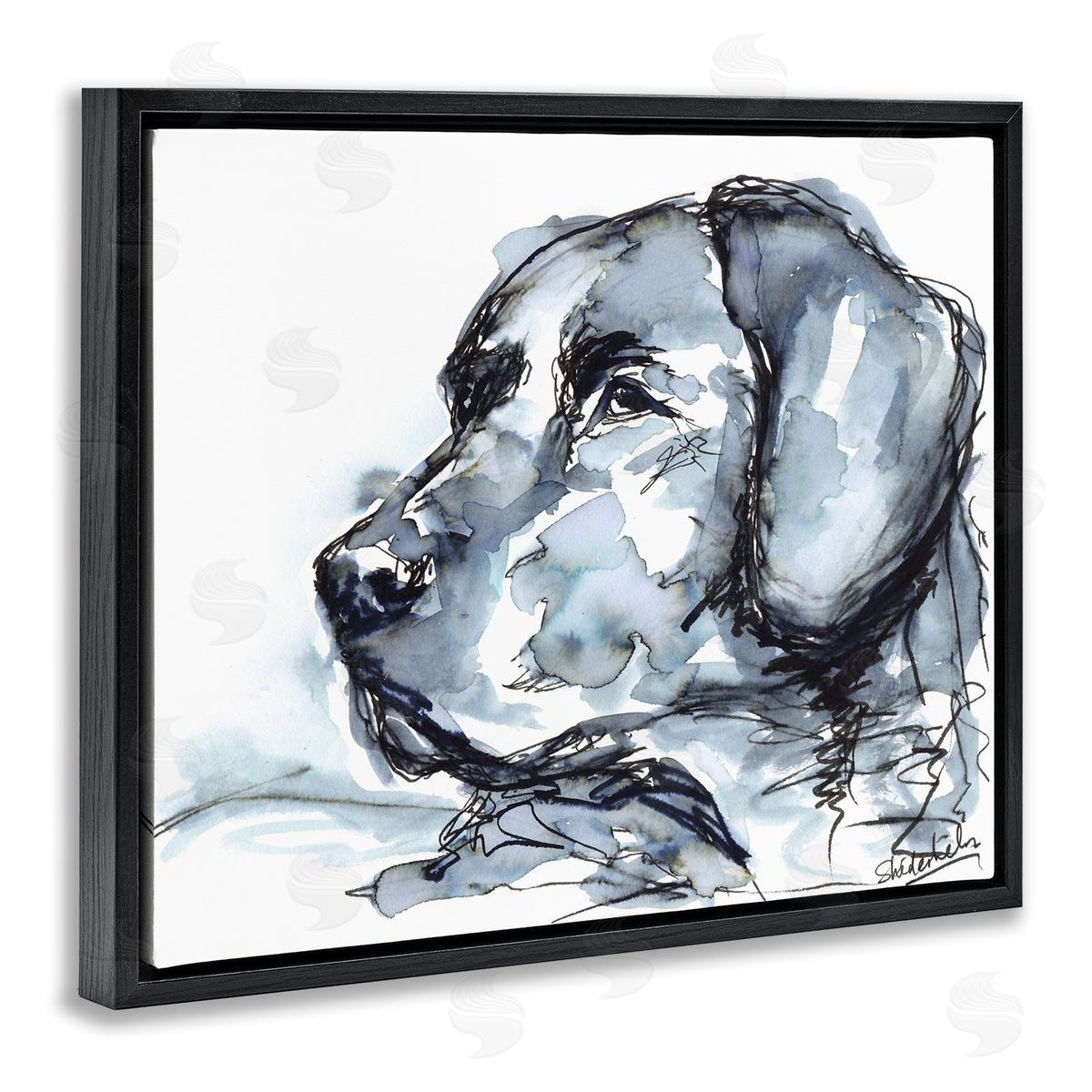 Kendra Shedenhelm Monochrome Ink Dog Portrait Abstract Watercolor Detail Black Floating Frame Canvas Wall Art Print