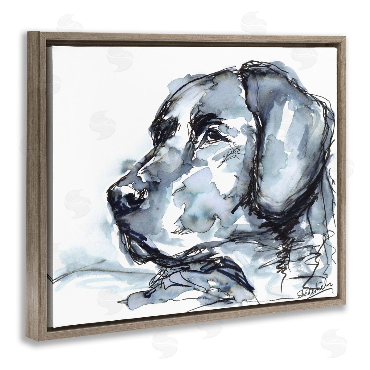 Kendra Shedenhelm Monochrome Ink Dog Portrait Abstract Watercolor Detail Brown Floating Frame Canvas Wall Art Print