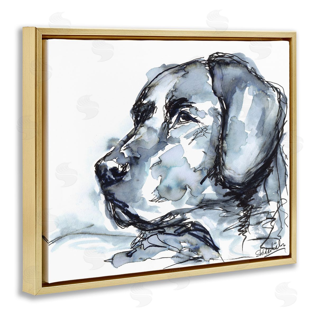 Kendra Shedenhelm Monochrome Ink Dog Portrait Abstract Watercolor Detail Gold Floating Frame Canvas Wall Art Print