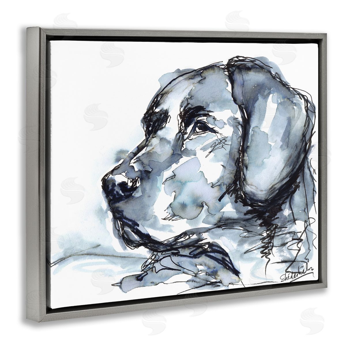 Kendra Shedenhelm Monochrome Ink Dog Portrait Abstract Watercolor Detail Gray Floating Frame Canvas Wall Art Print