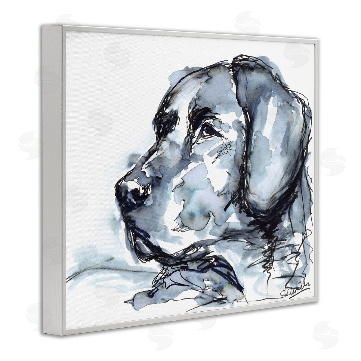 Kendra Shedenhelm Monochrome Ink Dog Portrait Abstract Watercolor Detail White Framed Giclee Wall Art Print