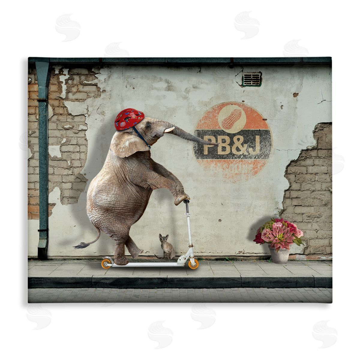 Nobleworks Elephant Riding Scooter Old Brick City Streets Stretched Canvas Wall Art Print