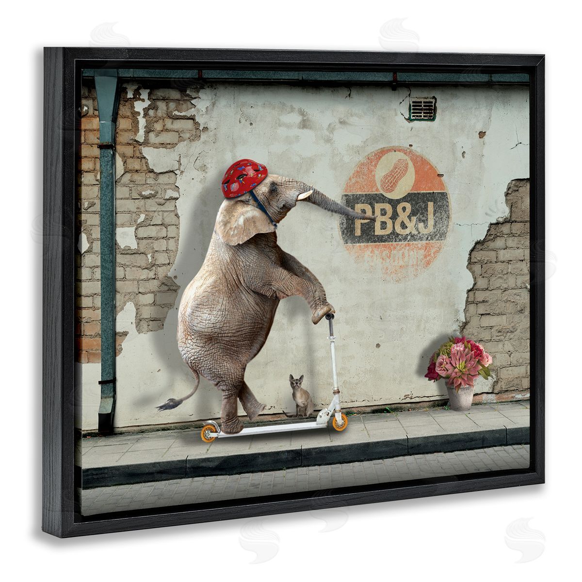 Nobleworks Elephant Riding Scooter Old Brick City Streets Black Floating Frame Canvas Wall Art Print