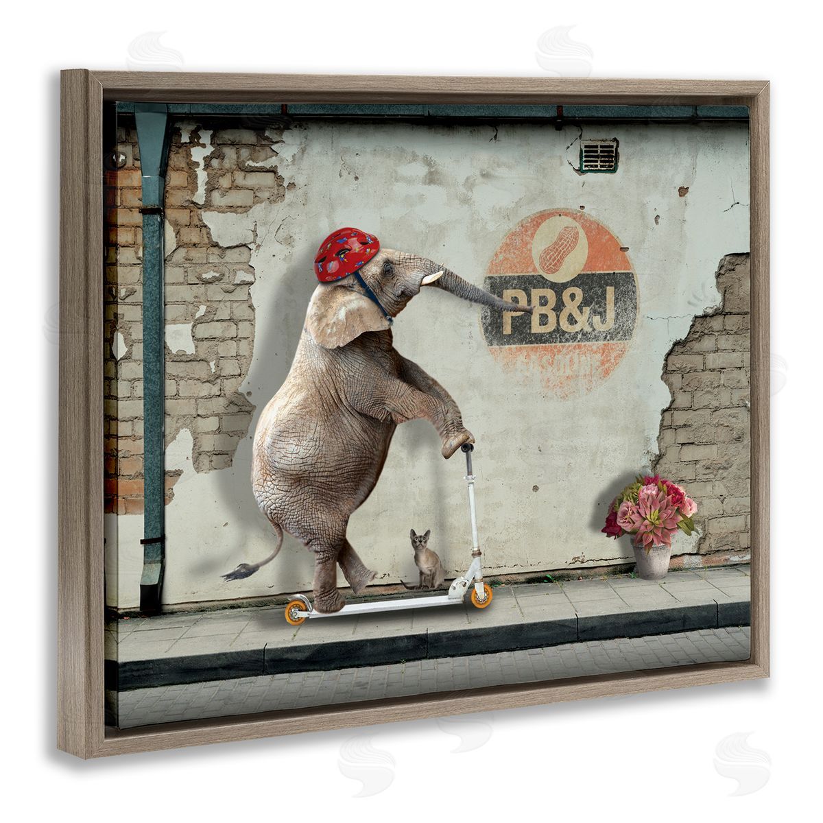 Nobleworks Elephant Riding Scooter Old Brick City Streets Brown Floating Frame Canvas Wall Art Print