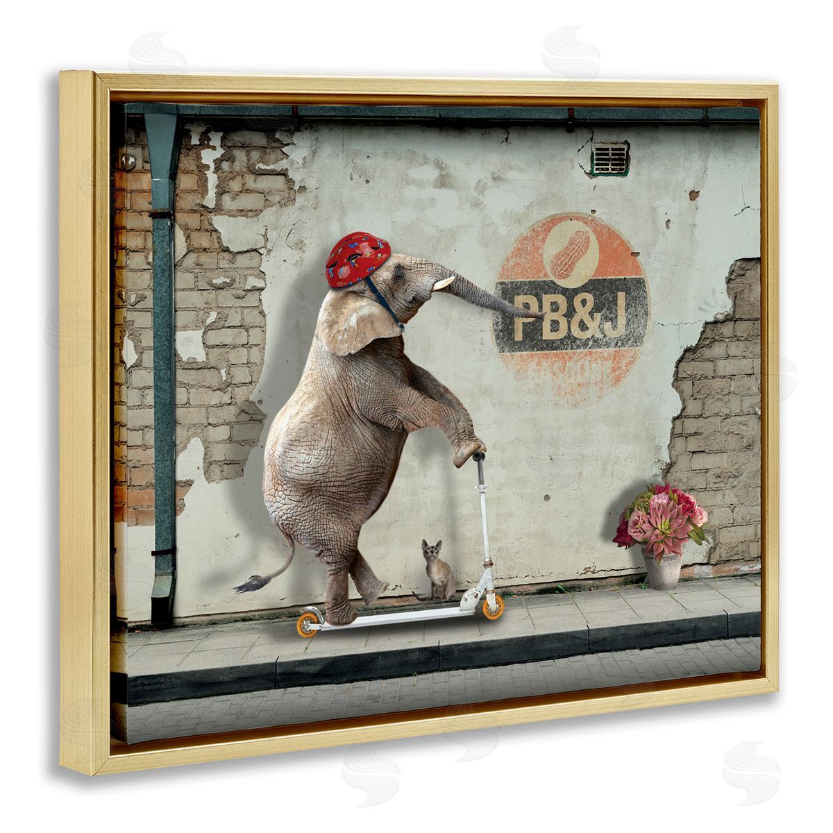 Nobleworks Elephant Riding Scooter Old Brick City Streets Gold Floating Frame Canvas Wall Art Print