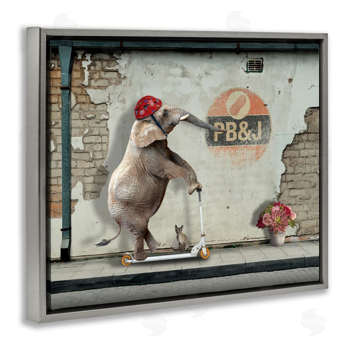 Nobleworks Elephant Riding Scooter Old Brick City Streets Gray Floating Frame Canvas Wall Art Print