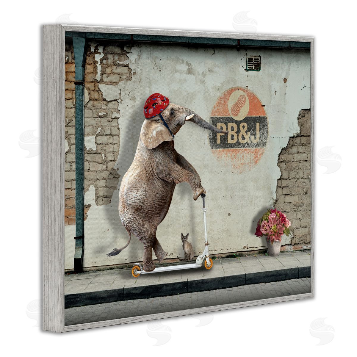 Nobleworks Elephant Riding Scooter Old Brick City Streets Gray Framed Giclee Wall Art Print