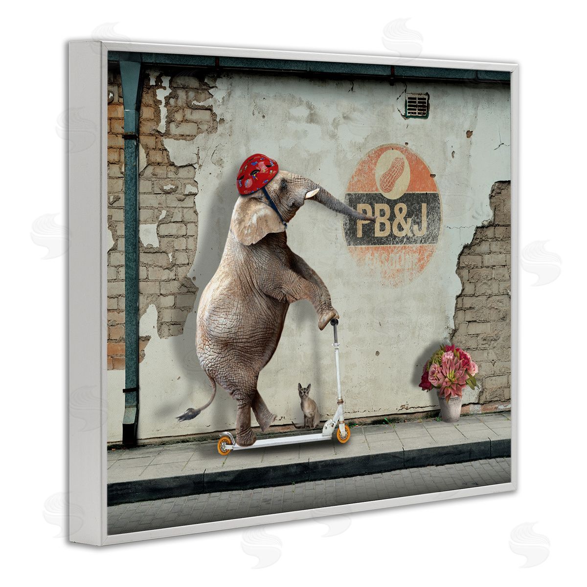 Nobleworks Elephant Riding Scooter Old Brick City Streets White Framed Giclee Wall Art Print