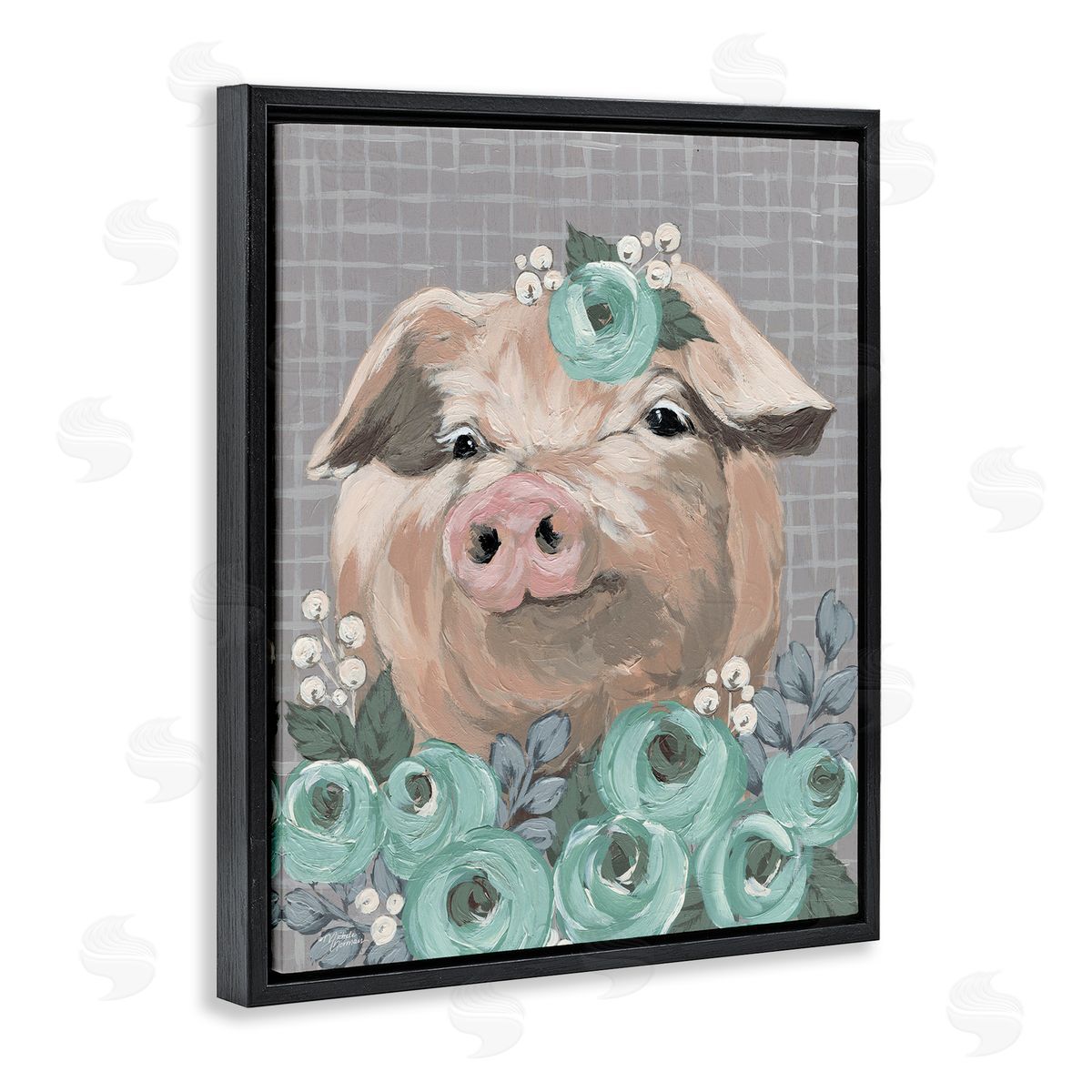 Michele Norman Fuzzy Pig Surrounded Turquoise Flower Arrangement Pattern Black Floating Frame Canvas Wall Art Print