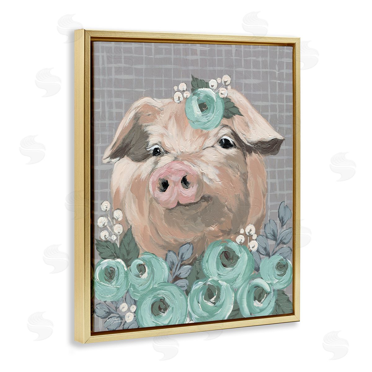 Michele Norman Fuzzy Pig Surrounded Turquoise Flower Arrangement Pattern Gold Floating Frame Canvas Wall Art Print