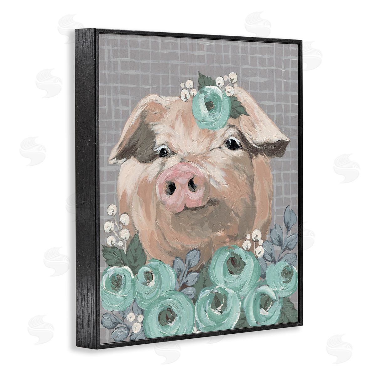 Michele Norman Fuzzy Pig Surrounded Turquoise Flower Arrangement Pattern Black Framed Giclee Wall Art Print