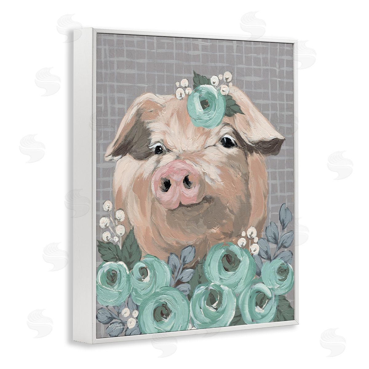 Michele Norman Fuzzy Pig Surrounded Turquoise Flower Arrangement Pattern White Framed Giclee Wall Art Print