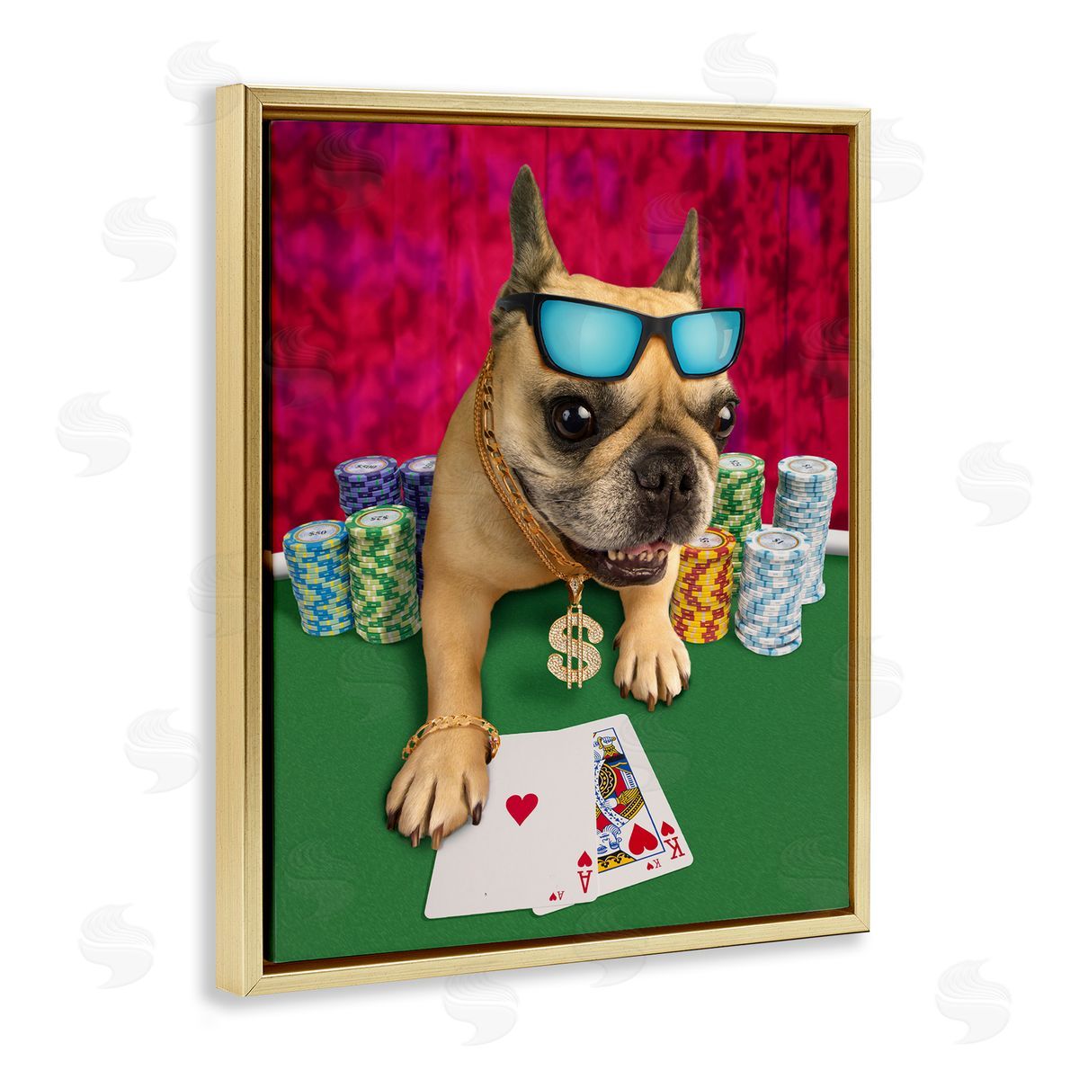 Michael Quackenbush Cool French Bulldog Gambling Casino Poker Chips  Gold Floating Frame Canvas Wall Art Print