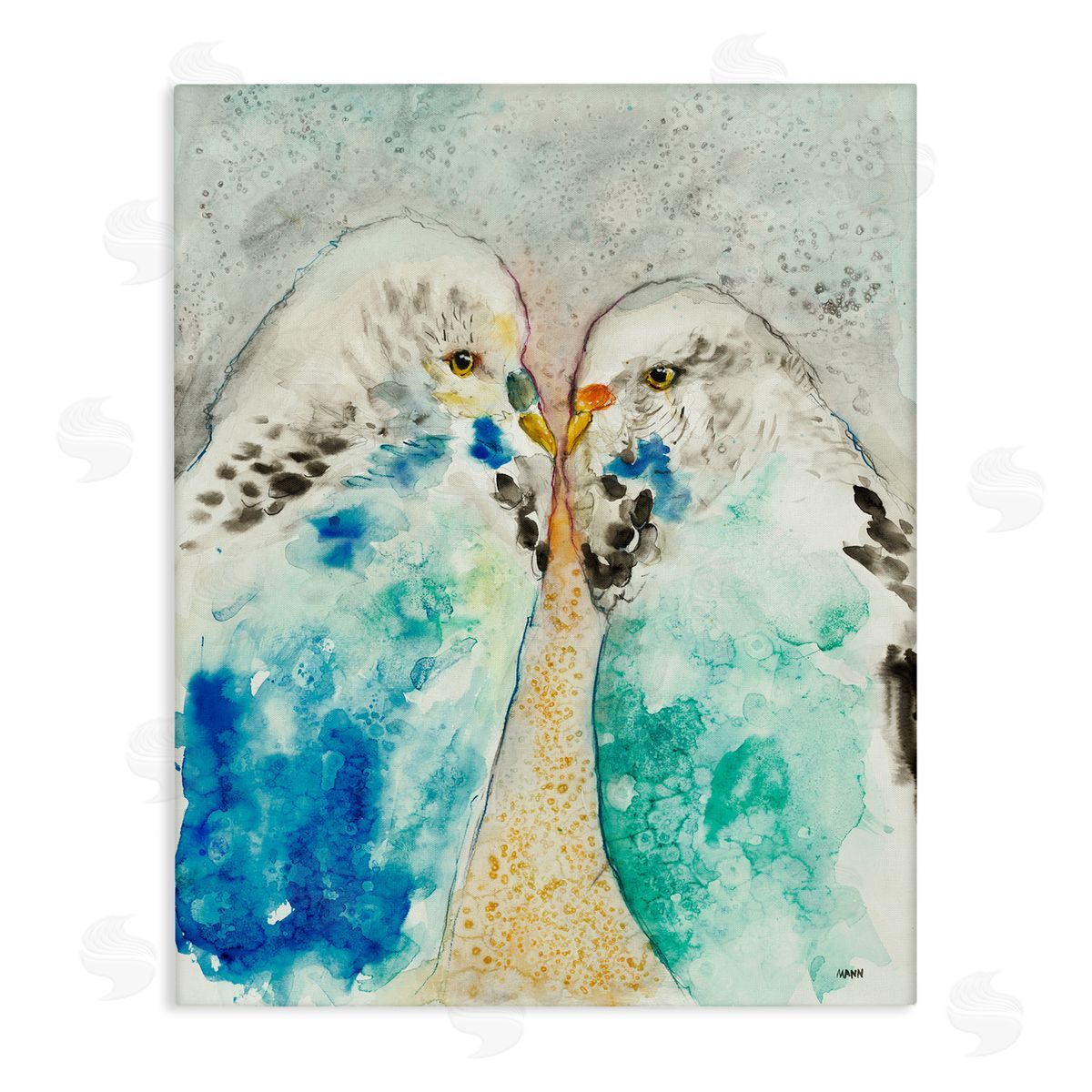 Patti Mann Pair Blue Parakeets Birds Dotted Watercolor Detail Stretched Canvas Wall Art Print