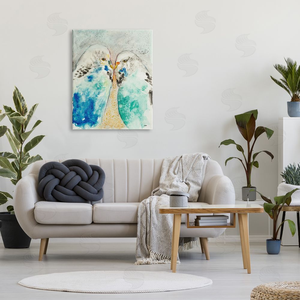 Patti Mann Pair Blue Parakeets Birds Dotted Watercolor Detail Canvas Wall Art Print in Room