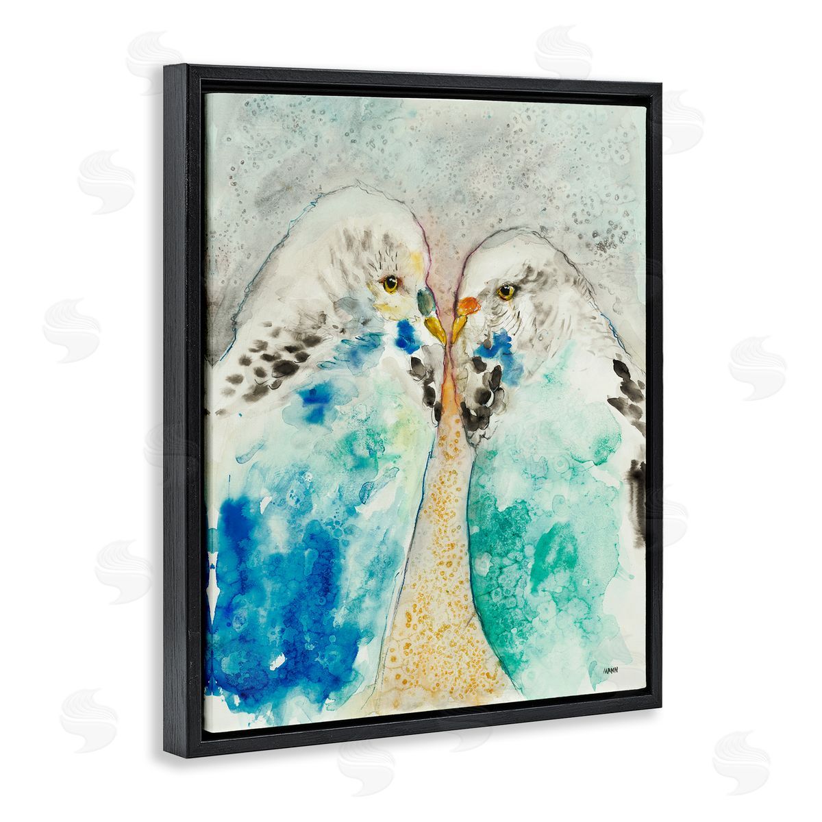 Patti Mann Pair Blue Parakeets Birds Dotted Watercolor Detail Black Floating Frame Canvas Wall Art Print