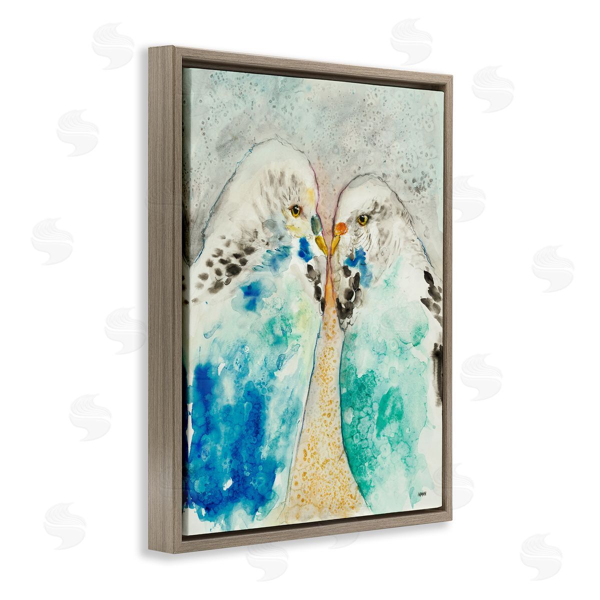 Patti Mann Pair Blue Parakeets Birds Dotted Watercolor Detail Brown Floating Frame Canvas Wall Art Print